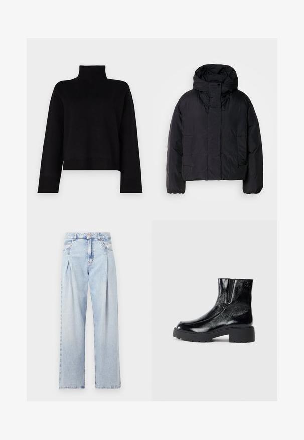 Black puffer jacket with a high collar and hood, featuring two front pockets and elastic cuffs. Smooth, lightweight material with a matte finish.; Black, cropped turtleneck sweater made of a soft knit fabric. Features long sleeves and ribbed accents at the cuffs and hem.; Light blue denim jeans with a high waist, wide-leg cut, two side pockets, and pleated design feature. Soft texture with a faded finish.; Black ankle boots with a glossy patent leather finish, chunky black rubber sole, and raised heel; includes subtle logo detail on the side.