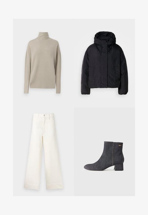 Casaco puffer preto com colarinho alto e capuz, apresentando dois bolsos frontais e punhos elásticos. Material suave e leve com um acabamento mate.; Pullover de gola alta em bege claro, feito de material de malha suave, apresenta um corte relaxado com mangas longas e uma gola alta. Sem padrões visíveis.; Calças largas em algodão bege claro. Apresentam uma cintura alta, bolsos frontais e um corte reto. Acabamento de bainha limpo, sem padrões.; Bota de tornozelo em denim escuro com bico pontiagudo, salto bloco, costura visível e um discreto logo da marca na lateral. Textura suave.