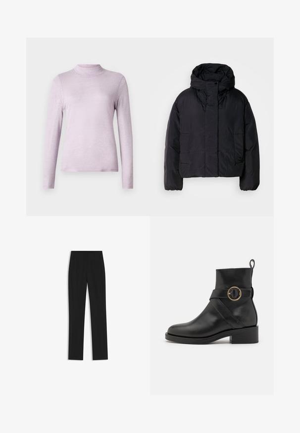 Schwarze Puffjacke mit hohem Kragen und Kapuze, ausgestattet mit zwei Fronttaschen und elastischen Bündchen. Glattes, leichtes Material mit matter Oberfläche.; Hellblau-lila Langarm-Turtleneck-Oberteil aus weichem, strukturiertem Stoff; figurbetontes Design mit hohem, eng anliegendem Kragen.; Schwarze maßgeschneiderte Hose mit geradem Bein, ausgestattet mit Fronttaschen und einem glatten, strukturierten Stoff. Saubere, minimale Details.; BOSS IRYNA BOOTIE - Plateaustiefelette - black