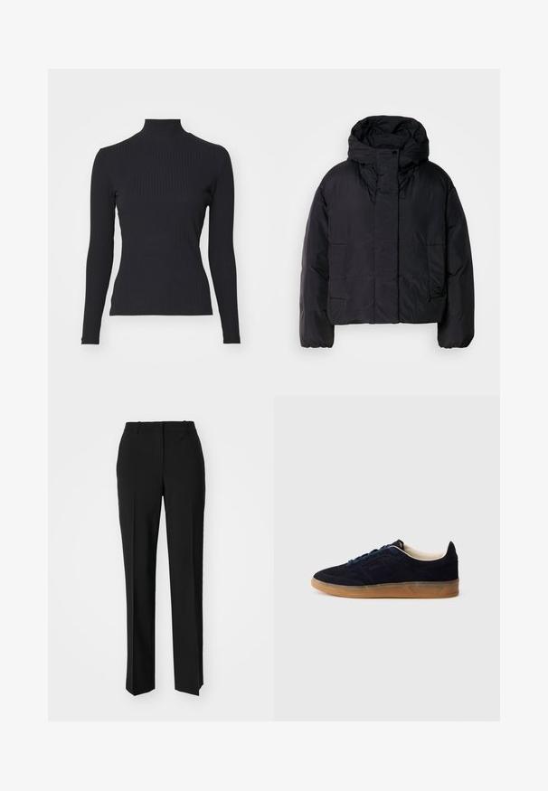 Mustat puhallinjakku korkealla kauluksella ja hupulla, jossa on kaksi etutaskua ja joustavat hihansuut. Liukas, kevyt materiaali, jossa on matta pinta.; Mustassa ribbattu poolopaita, jossa on pitkät hihat. Valmistettu joustavasta kankaasta, joka on muotoon mietitty ja korkea kaulus. Yksinkertainen malli ilman koristeita.; Mustat räätälöidyt housut suoraa lahjetta, joissa on sileä pinta ja terävät taitteet edessä. Ei näkyvää metalliosaa.; Laivastonsininen mokkanahkainen tennari, jossa on kuminahkainen pohja, siniset nauhat ja minimalistinen muotoilu. Sivussa on kohokuvioitu logo ja sisäpuolella sileä vuori.