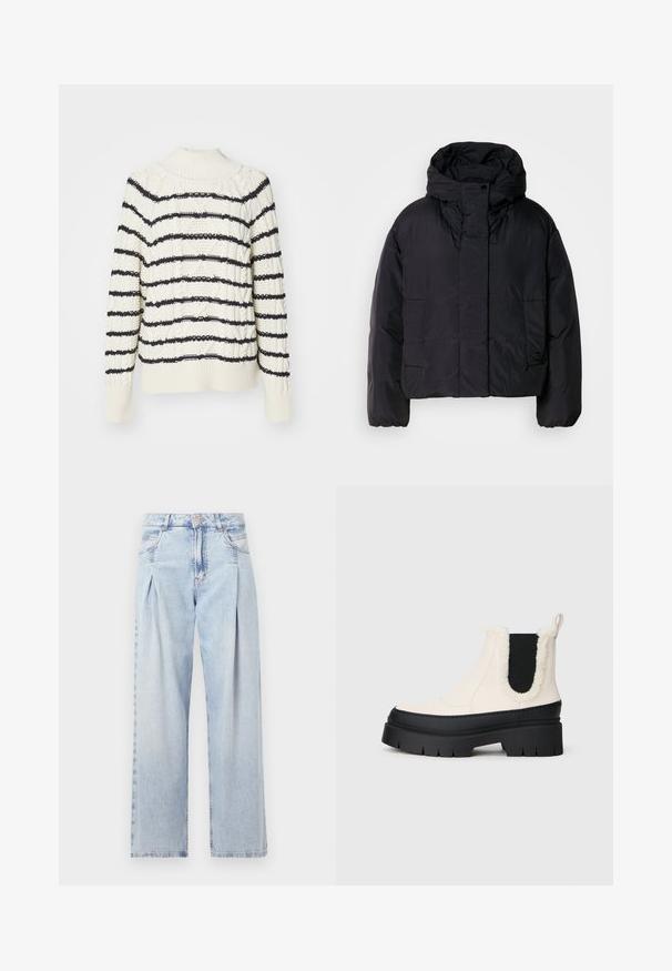 Černá péřová bunda s vysokým límečkem a kapucí, vybavená dvěma předními kapsami a elastickými manžetami. Hladký, lehký materiál s matným povrchem.; Krémový pletený svetr s námořnickými vodorovnými pruhy, s vysokým límcem, texturovanými vzory a žebrovanými manžetami a lemem.; Světlé modré džíny z denimu s vysokým pasem, širokým střihem, dvěma bočními kapsami a nařaseným designem. Měkká textura s vybledlým povrchem.; Masivní platformové kotníkové boty s bílým svrškem, černou gumovou podešví a kontrastními černými elastickými bočními panely. Umělá kožešina na horním okraji.