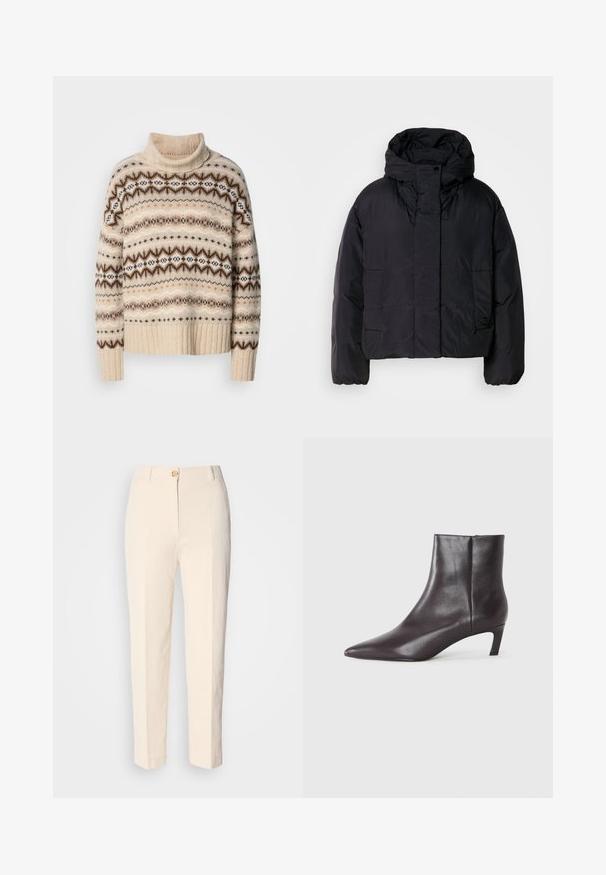 Black puffer jacket with a high collar and hood, featuring two front pockets and elastic cuffs. Smooth, lightweight material with a matte finish.; Beige turtleneck sweater with a ribbed hem. Features a geometric pattern in browns and whites, highlighting varying textures and warm tones.; Cream-colored, high-waisted trousers made of textured fabric. Features a front button closure and tapered legs.; Black leather ankle boot with pointed toe and low kitten heel, smooth finish, side zipper, shown on a neutral background.
