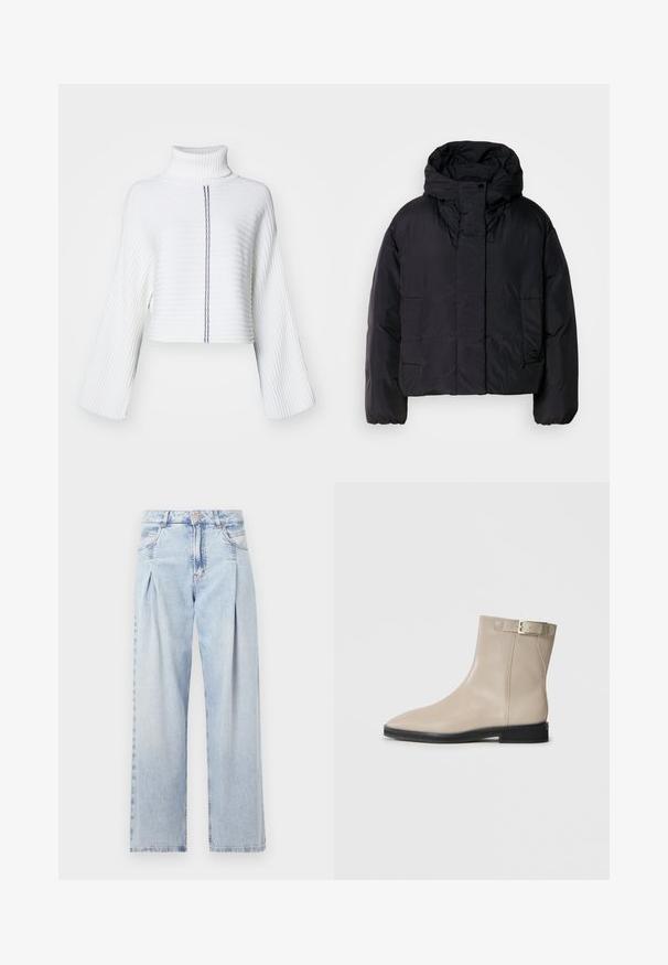 Fekete puffert zakó magas gallérral és kapucnival, két elülső zsebbel és rugalmas mandzsettákkal. Simább, könnyű anyag matt felülettel.; Fehér garbó pulóver, bordázott textúrával, rövidített fazonnal, széles ujjal és függőleges vonal részlettel, kontrasztos sötét színben.; Világoskék farmernadrág magas derekú, bő szabású, két oldalsó zsebbel és pliszírozott dizájnnal. Puha tapintású, elhalványított felület.; Beige bőrből készült bokacsizma hegyes orral, fekete talppal, alacsony sarkal és aranycsat szíjjal a külső oldalon, fehér háttér előtt bemutatva.