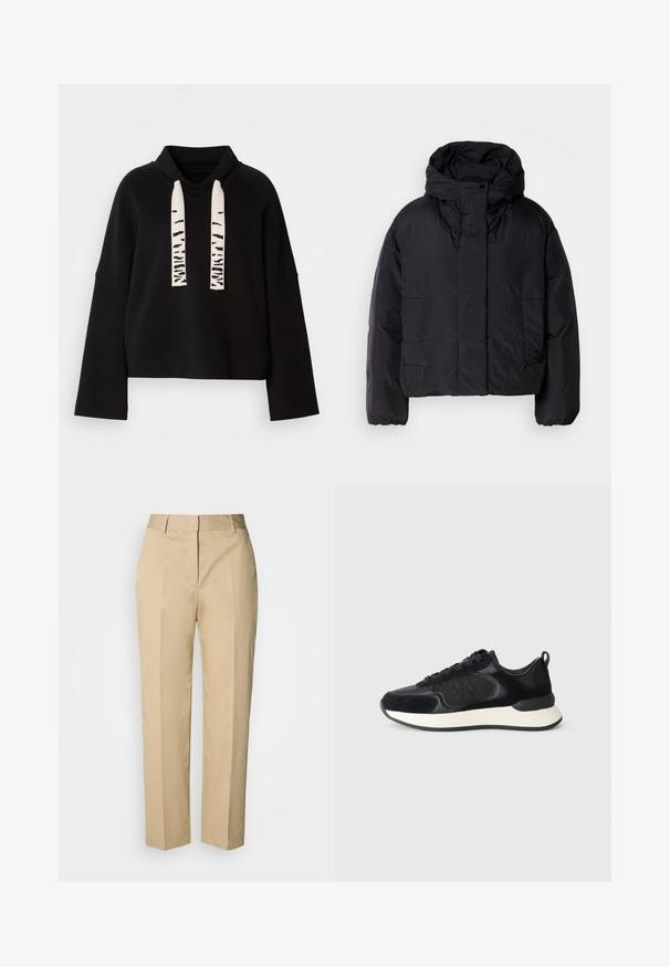 Čierna puffrová bunda s vysokým golierom a kapucňou, so zapracovanými dvoma prednými vreckami a elastickými manžetami. Hladký, ľahký materiál s matným povrchom.; Čierna mikina s kapucňou a dlhými rukávmi, s vysokým golierom a širokými bielymi šnúrkami s čiernymi abstraktnými vzormi.; Béžové nohavice s rovnými nohavicami, pútkami na opasok, predným záhybom a skrytým zapínaním, zobrazené na svetlom pozadí.; Čierna atletická obuv s hladkým koženým zvrškom, semišovými akcentmi, okrúhlou špičkou a kontrastnou bielou medzipodrážkou. Zahrnuje šnurovanie a detail s logom.