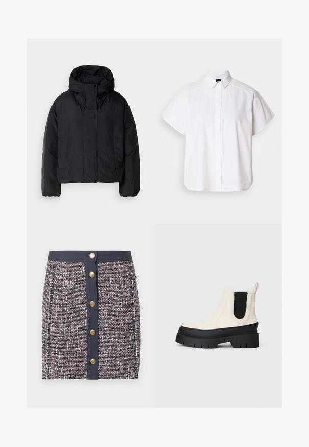 Black puffer jacket with a high collar and hood, featuring two front pockets and elastic cuffs. Smooth, lightweight material with a matte finish.; White short-sleeve button-up shirt with a pointed collar and curved hem. Made from cotton with a smooth texture and no visible patterns.; Woven tweed skirt in navy, red, and white. Features a bold waistband, front button closure, and side pockets. Textured fabric with subtle patterns.; Chunky platform ankle boots with a white upper, black rubber sole, and contrasting black elastic side panels. Faux fur trim at the top edge.