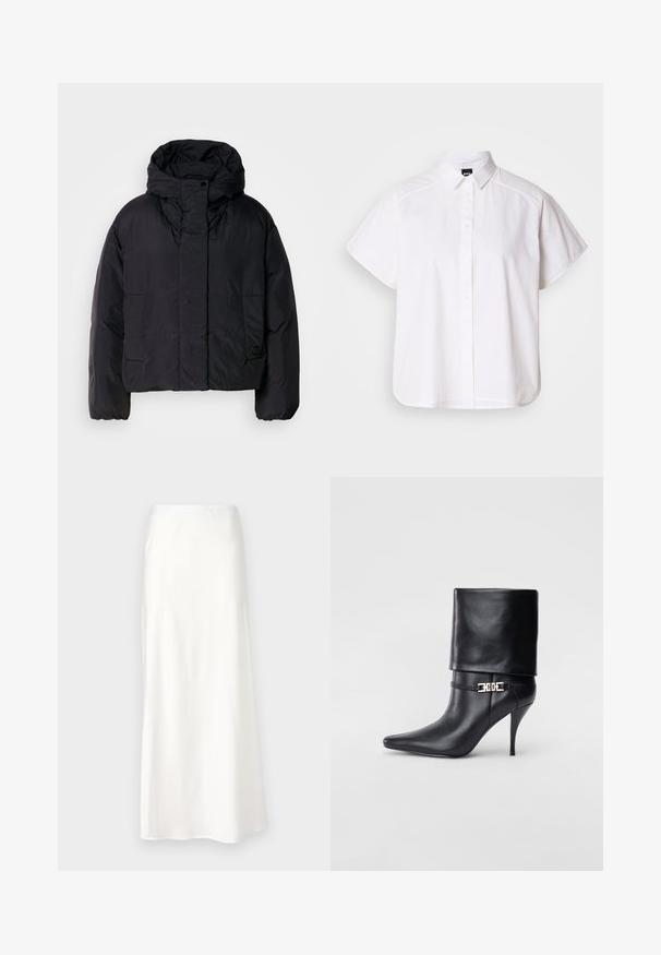 Geacă puffer neagră cu guler înalt și glugă, având două buzunare frontale și manșete elastice. Material neted, ușor, cu un finisaj mat.; Cămașă albă cu mânecă scurtă, cu nasturi, guler ascuțit și margine curbă. Fabricată din bumbac, cu o textură netedă și fără modele vizibile.; Fustă albă din satin cu o textură netedă, de lungime medie, în formă de A, cu talie elastică și fără modele sau embellishments vizibile.; Botine negre din piele, cu vârf ascuțit, toc înalt și subțire, cu manșetă pliată și un detaliu decorativ cu cataramă aurie la gleznă.