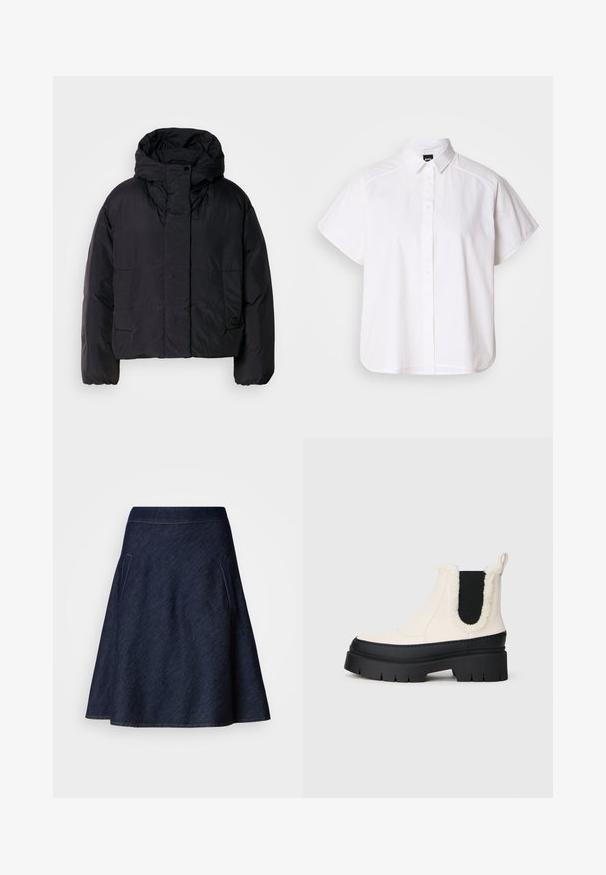 Mustavillane puhvis jope, millel on kõrge krae ja kapuuts, kahel esifliisil ja elastsete mansettidega. Sile, kerge materjal mattpinnaga.; Valge lühikeste varrukatega nööpidega särk, millel on terav krae ja kõver hems. Valmistatud puuvillast, millel on sile tekstuur ja nähtamatud mustrid.; Tume denim A-line seelik, millel on keskmise kõrgusega vöökoht, kaks küljetaskut ja kontrastne õmblus servade ümber. Sile tekstuur.; Paksude platvormi ankle saapad valge ülaosa, musta kummitald ja kontrastsed mustad elastsed külgpaneelid. Ülemise serva pehme-puuvillane äär.