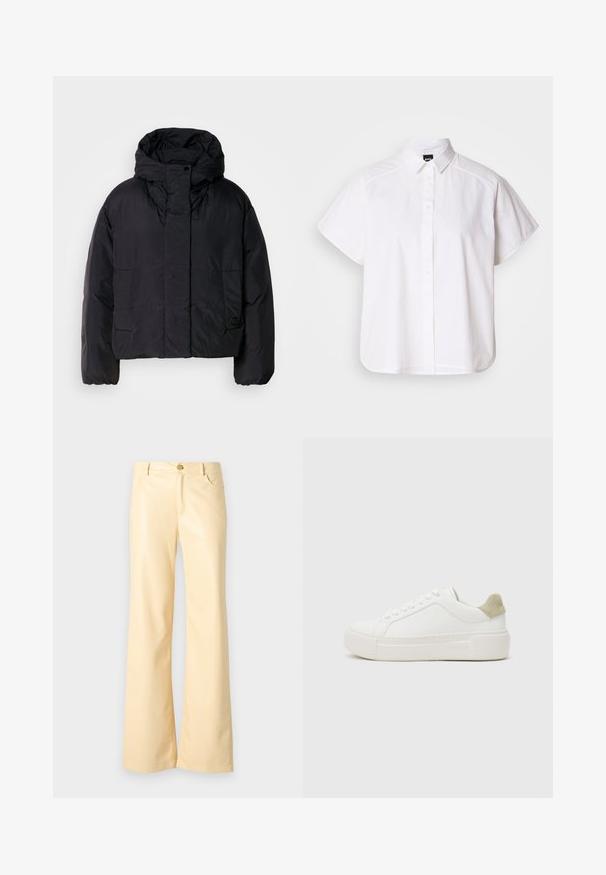 Svart pufferjacka med hög hals och huva, med två framfickor och elastiska ärmar. Slätt, lätt material med en matt finish.; Vit kortärmad skjorta med knappar, spetthals och rundad nederkant. Tillverkad av bomull med en slät textur och inga synliga mönster.; Breda byxor i en ljusgul färg, tillverkade av ett mjukt, glänsande material. Har en knapp fram, två sidofickor och en rak passform.; Vita sneakers med en slät läderöverdela, ljusgrå mocka-hälaccent och en kraftig vit gummisula. Har en snördesign.