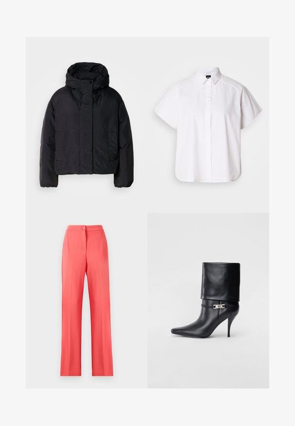 Juodas pūkinis švarkas su aukštu apykakle ir kapišonu, turintis dvi priekines kišenes ir elastingus rankogalius. Lygus, lengvas audinys su matinio paviršiaus apdaila.; Balta trumpomis rankovėmis marškinėlių su atlenkiamu apykakle ir kreiva apačia. Pagaminta iš medvilnės, su sklandžiu paviršiumi ir be matomų raštų.; Koralo spalvos plačios kelnės, pagamintos iš sklandžios medžiagos, su priekiniais mygtukais ir dviem šoninėmis kišenėmis, pritaikytos patogiam dėvėjimui.; Juodos odinės kulkšninių botų su smailiu nosiu, aukštu stiletto kulnu, apvyniojamu kraštu ir auksine dekoratyvine sagtimi prie kulkšnies.