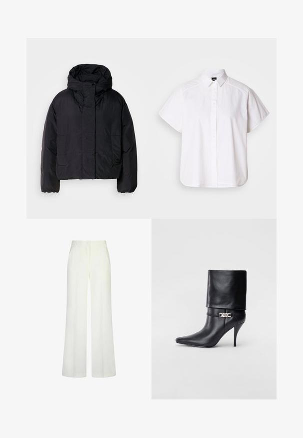 Giacca a vento nera con colletto alto e cappuccio, dotata di due tasche frontali e polsini elasticizzati. Materiale liscio e leggero con finitura opaca.; Camicia bianca a maniche corte con colletto a punta e orlo curvo. Realizzata in cotone con una texture liscia e senza motivi visibili.; Pantaloni a gamba larga in crema, realizzati in un tessuto liscio, con chiusura a un bottone e due tasche laterali. Vestibilità sartoriale con linee pulite.; Stivale ankle in pelle nera con punta affusolata, alto tacco a stiletto, risvolto sulla caviglia e un elegante dettaglio in oro con fibbia decorativa.