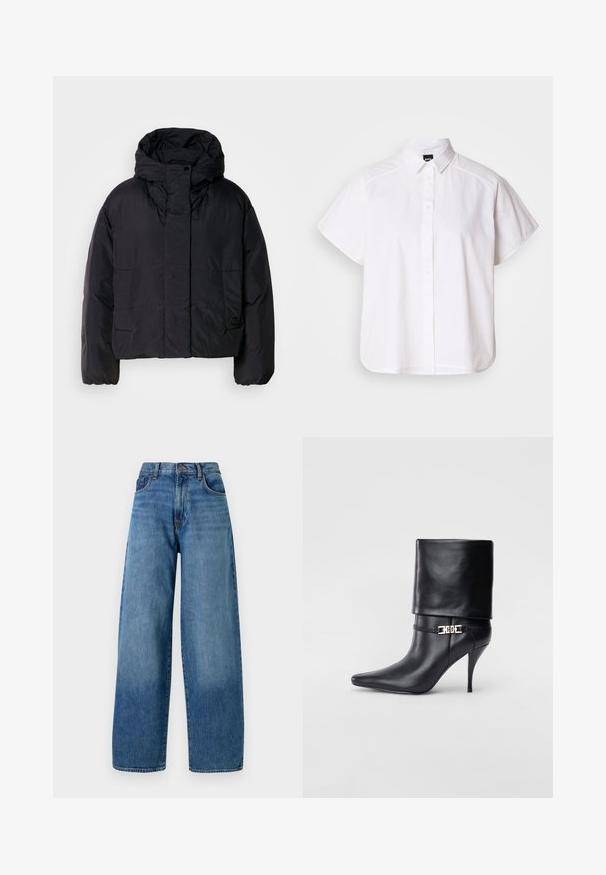 Mustavillane puhvis jope, millel on kõrge krae ja kapuuts, kahel esifliisil ja elastsete mansettidega. Sile, kerge materjal mattpinnaga.; Valge lühikeste varrukatega nööpidega särk, millel on terav krae ja kõver hems. Valmistatud puuvillast, millel on sile tekstuur ja nähtamatud mustrid.; Laiad sinise denimi püksid klassikalise viie tasku kujundusega. Omavad nööp-kinnitust ja kerget pleekimist tekstuuri jaoks.; Mustad nahast pahkluu saapad terava nina, kõrge stilettokanna, volditud äärega ja kuldse dekoratiivse pandlaga pahkluul.