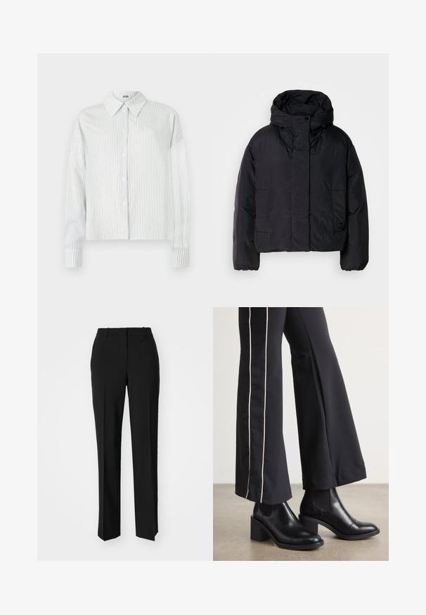 Zwarte pufferjack met een hoge kraag en capuchon, voorzien van twee voorzakken en elastische manchetten. Soepel, lichtgewicht materiaal met een matte afwerking.; Witte overhemd met lange mouwen, knoopsluiting en dunne verticale grijze strepen, met een puntige kraag op een effen achtergrond.; Zwarte op maat gemaakte broek met een recht model, voorzien van een soepele textuur en scherpe plooien aan de voorkant. Geen zichtbare hardware.; Zwarte leren enkellaarzen met een blokhak, voorzien van elastische zijpanelen. Gecombineerd met zwarte broeken met een witte zijstreep.