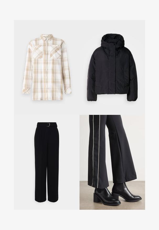 Black puffer jacket with a high collar and hood, featuring two front pockets and elastic cuffs. Smooth, lightweight material with a matte finish.; Beige and white plaid shirt with long sleeves, pointed collar, and two chest pockets. Made of cotton with button-down front and rolled cuffs.; Black tailored pants with a wide-leg silhouette, featuring a belt with a silver buckle, pleats, and a smooth fabric texture.; Black leather ankle boots with a block heel, featuring elastic side panels. Paired with black pants that have a white side stripe.