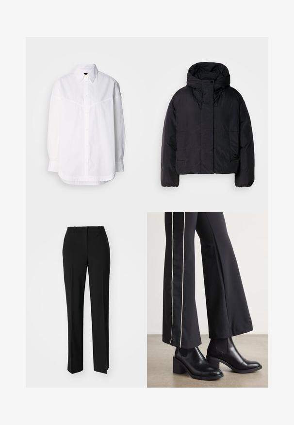 Čierna puffrová bunda s vysokým golierom a kapucňou, so zapracovanými dvoma prednými vreckami a elastickými manžetami. Hladký, ľahký materiál s matným povrchom.; Biela košeľa s dlhým rukávom vyrobená z bavlny, so zapínaním na gombíky a voľným strihom, ktorý má jemné detaily prešívania.; Čierne krajčírské nohavice so strihom rovného nohu, s hladkou textúrou a ostrými skladmi pozdĺž prednej časti. Žiadne viditeľné hardvér.; Čierne kožené členkové topánky s blokovým podpätkom, vybavené elastickými bočnými panelmi. Skombinované s čiernymi nohavicami, ktoré majú biely bočný pruh.