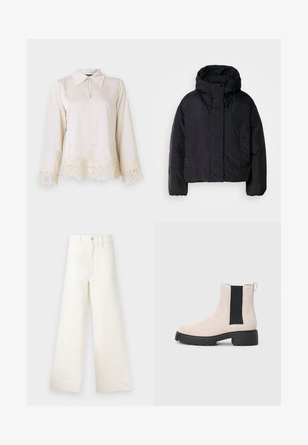 Svart pufferjacka med hög hals och huva, med två framfickor och elastiska ärmar. Slätt, lätt material med en matt finish.; Krämfärgad blus med krage, dragkedja fram och långa ärmar som har intrikata spetsdetaljer vid fållen och ärmsluten.; Videbeniga byxor i ljusbeige bomull. Funktioner inkluderar hög midja, framfickor och rak skärning. Rena avslutningar utan mönster.; Beige mockaskläder Chelsea stövlett med svart elastisk sidopanel, kraftig svart sula och dragflik vid ankeln.