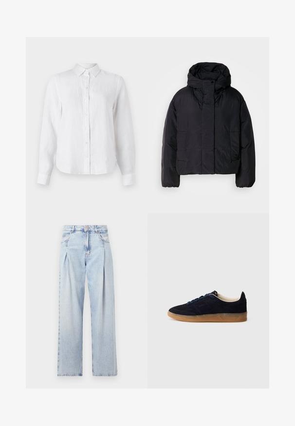 Black puffer jacket with a high collar and hood, featuring two front pockets and elastic cuffs. Smooth, lightweight material with a matte finish.; White linen long-sleeve shirt with a button-down front, collar, and slightly relaxed fit. Textured fabric with subtle wrinkles.; Light blue denim jeans with a high waist, wide-leg cut, two side pockets, and pleated design feature. Soft texture with a faded finish.; Navy suede sneaker with a gum rubber sole, blue laces, and minimalist design. Features embossed logo on the side and smooth inner lining.