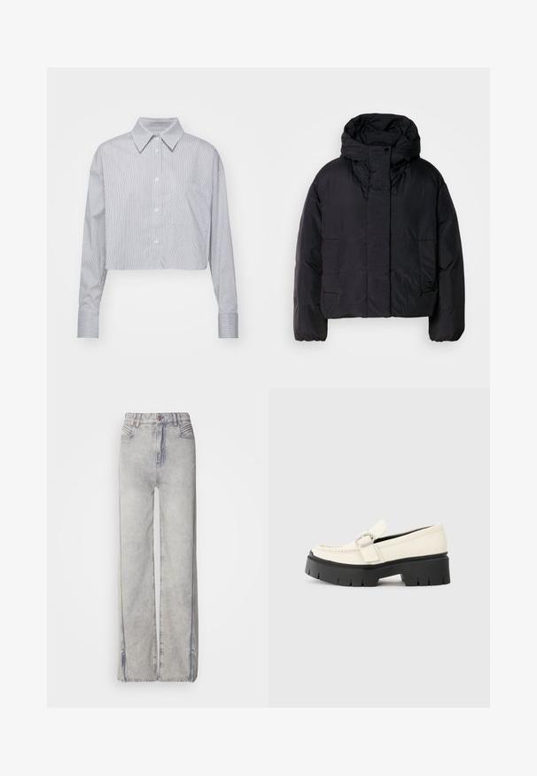 Fekete puffert zakó magas gallérral és kapucnival, két elülső zsebbel és rugalmas mandzsettákkal. Simább, könnyű anyag matt felülettel.; Kék és fehér csíkozott, cropped gombos ing, klasszikus gallérral, hosszú ujjal és egyetlen mellzsebbel. Sima szövettextúra.; Világoskék, bő szárú farmernadrág, elmosódott mosással, cipzáras elejével, öt zsebbel és kontrasztos varrással.; Fehér bőr lófarok, vastag fekete platform talppal, téglalap alakú ezüst csattal és látható varrás részletekkel a felső részen.