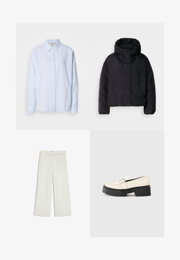 Zwarte pufferjack met een hoge kraag en capuchon, voorzien van twee voorzakken en elastische manchetten. Soepel, lichtgewicht materiaal met een matte afwerking.; Lichtblauw gestreept overhemd met knoopsluiting, een klassieke kraag, lange mouwen en een ontspannen pasvorm, met smalle verticale strepen in contrasterende kleuren.; Wijde broek in licht crèmekleurige stof, met zijzakken, een platte voorkant en een enkele knoopsluiting bij de taille. Glad van textuur.; Witte leren loafer met een stevige zwarte plateauzool, voorzien van een rechthoekige zilveren gesp en zichtbare stiksels op de bovenkant.