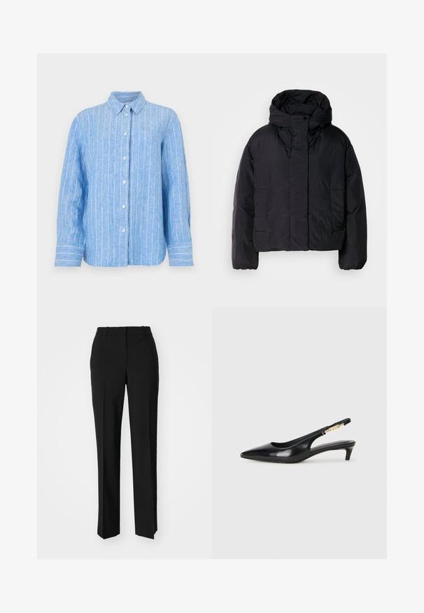 Geacă puffer neagră cu guler înalt și glugă, având două buzunare frontale și manșete elastice. Material neted, ușor, cu un finisaj mat.; Cămașă din in de culoare albastră deschisă, cu dungi verticale albe, mâneci lungi, cu butoane în față și guler clasic. Material texturat cu o croială lejeră.; Pantaloni negri tailor-ed cu un design drept, având o textură fină și cute clare pe față. Fără elemente de prindere vizibile.; Sandale slingback din piele neagră cu vârf ascuțit, având un toc subțire și un accent de culoare aurie pe curea ajustabilă. Textură netedă.