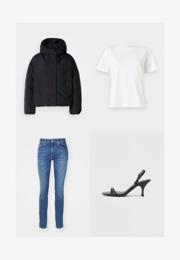 Casaco puffer preto com colarinho alto e capuz, apresentando dois bolsos frontais e punhos elásticos. Material suave e leve com um acabamento mate.; T-shirt de algodão branco com mangas curtas, decote redondo e um corte descontraído. Textura suave, sem padrões ou detalhes, design minimalista.; Jeans de ganga azuis com um corte slim, apresentando cinco bolsos, fecho de botão e um ligeiro desbotamento ao longo das coxas para um toque adicional de textura.; Sandálias de salto alto em couro preto com um salto curvado e fino e um design de tiras cruzadas. Correia ajustável no tornozelo. Textura suave.