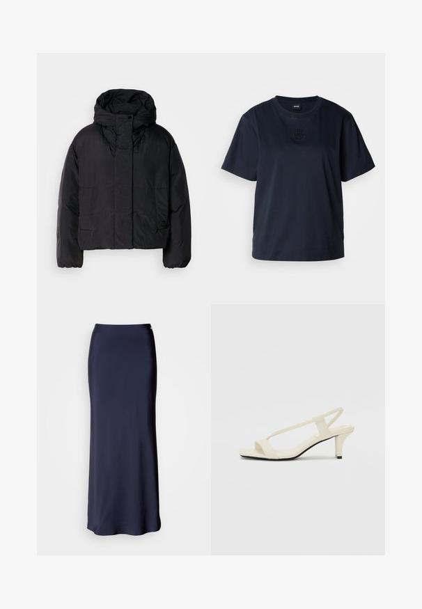 Juodas pūkinis švarkas su aukštu apykakle ir kapišonu, turintis dvi priekines kišenes ir elastingus rankogalius. Lygus, lengvas audinys su matinio paviršiaus apdaila.; Tamsiai mėlyna trumpomis rankovėmis marškinėliai, pagaminti iš minkštos medvilnės. Savyje turi apvalų kaklą ir subtilų išsiuvinėtą logotipą ant krūtinės.; Tamsiai mėlynos atspalvio satino maksi sijonas su lygiu tekstūru, tiesia siluetu ir subtiliu šoniniu įpjovimu. Sukuriama juosmeniu ir minimaliais dekoratyviniais elementais.; Kreminės blokų kulno šlepetės su plonomis dirželiais ir kvadratiniu pirštu. Lygus medžiaga su minimaliais akcentais, sukurtos lengvam dėvėjimui.