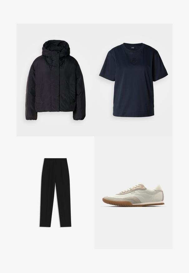 Sort pufferjakke med høj krave og hætte, der har to forlommer og elastiske manchetter. Glat, let materiale med mat finish.; Marineblå kortærmet t-shirt lavet af blødt bomuld. Har en rund halsudskæring og et diskret broderet logo på brystet.; Sorte bukser med lige pasform, der har dobbelte folder, en glat tekstur og et klassisk taljedesign. Ingen synlige hardware eller accenter.; Hvide og beige sneakers med en glat overdel og suede detaljer, en tekstureret sål og tonet syninger. Snørelukning med logo detalje.