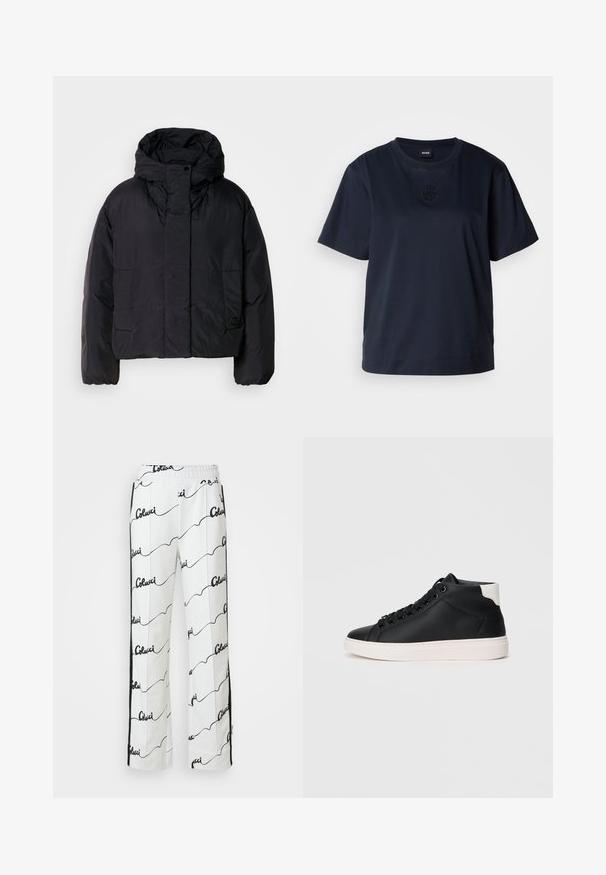 Black puffer jacket with a high collar and hood, featuring two front pockets and elastic cuffs. Smooth, lightweight material with a matte finish.; Navy blue short-sleeve t-shirt made of soft cotton. Features a rounded neckline and a subtle embroidered logo on the chest.; White cotton trousers featuring a repeating black script pattern. Straight-leg design with an elastic waistband and side stripes.; Black high-top sneaker made of smooth leather with white rubber sole, featuring round laces, a padded collar, and a contrasting heel accent.