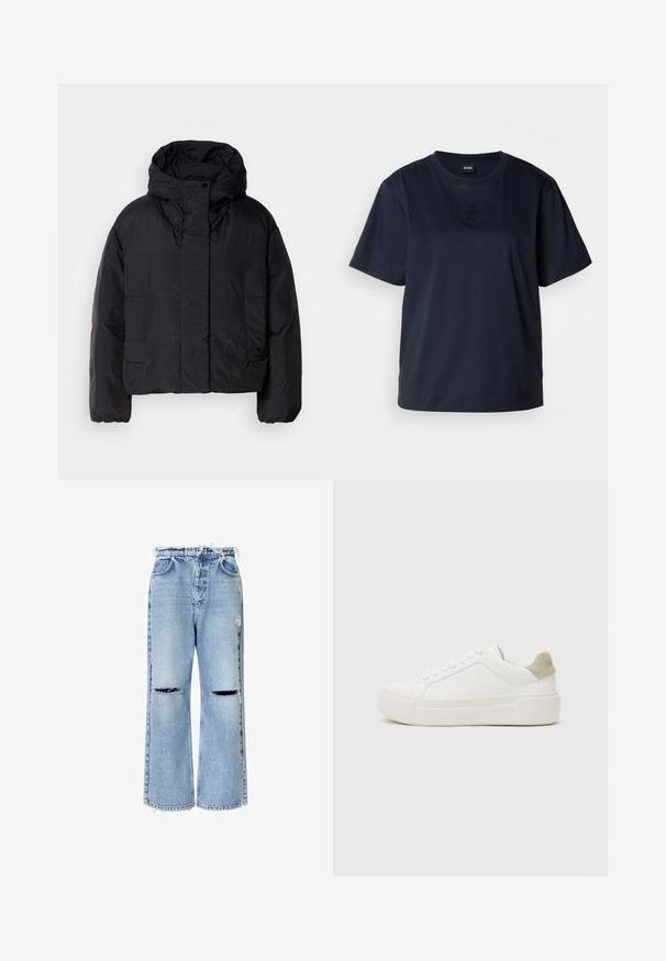 Juodas pūkinis švarkas su aukštu apykakle ir kapišonu, turintis dvi priekines kišenes ir elastingus rankogalius. Lygus, lengvas audinys su matinio paviršiaus apdaila.; Tamsiai mėlyna trumpomis rankovėmis marškinėliai, pagaminti iš minkštos medvilnės. Savyje turi apvalų kaklą ir subtilų išsiuvinėtą logotipą ant krūtinės.; Šviesiai mėlyni džinsai su plačiomis kojomis, nusidėvėjusiais apačioje ir dviem sugadintomis kėlėmis, turintys standartinį penkių kišenių dizainą.; Baltos sportbačiai su lygiu odiniu viršumi, šviesiai pilku aksominiu kulno akcentu ir masyviu baltu guminiu padu. Yra raištelių užsegimas.