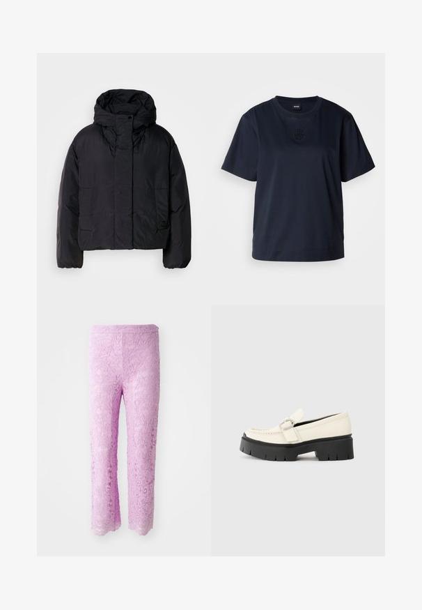 Giacca a vento nera con colletto alto e cappuccio, dotata di due tasche frontali e polsini elasticizzati. Materiale liscio e leggero con finitura opaca.; T-shirt a maniche corte blu navy realizzato in morbido cotone. Presenta un colletto rotondo e un logo ricamato discreto sul petto.; Pantaloni in pizzo rosa con orlo a scollatura, caratterizzati da motivi floreali intricati. Il tessuto appare leggero e strutturato, progettato per una silhouette aderente.; Mocassino in pelle bianca con suola platform nera chunky, caratterizzato da una fibbia rettangolare argentata e dettagli di cucitura visibili sulla parte superiore.