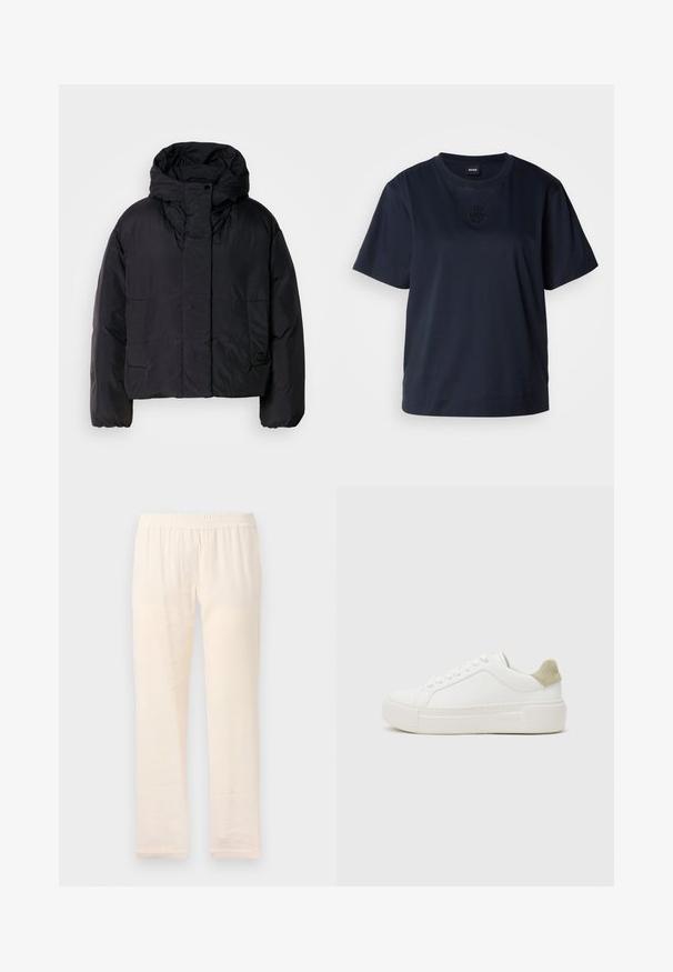 Veste matelassée noire avec un col haut et une capuche, dotée de deux poches avant et de poignets élastiques. Matériau lisse et léger avec une finition mate.; T-shirt bleu marine à manches courtes en coton doux. Il présente un col rond et un logo brodé subtil sur la poitrine.; Pantalons beige clair avec une taille élastique, présentant une coupe droite et une texture lisse, fabriqués en tissu léger.; Baskets blanches avec une tige en cuir lisse, un accent en daim gris clair au niveau du talon, et une semelle en caoutchouc blanche épaisse. Présente un design à lacets.