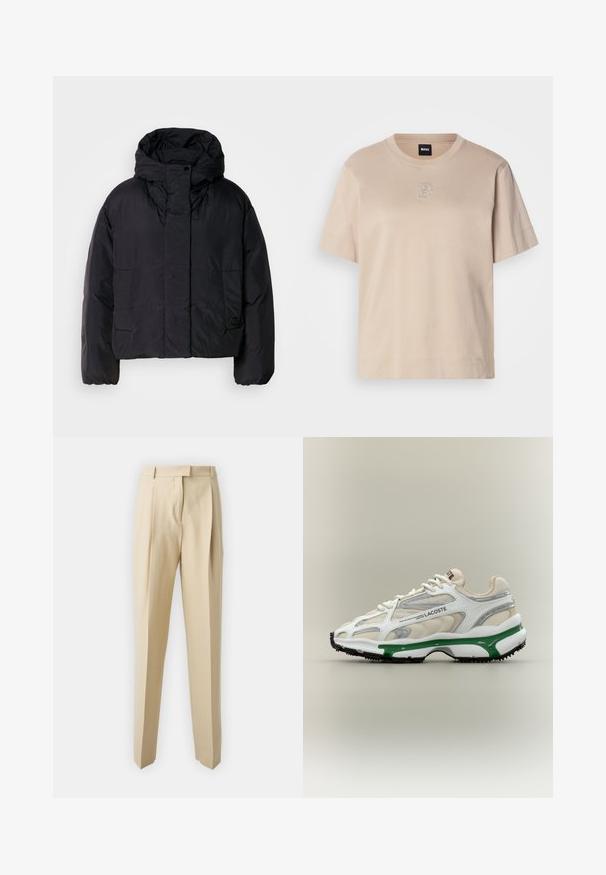 Casaco puffer preto com colarinho alto e capuz, apresentando dois bolsos frontais e punhos elásticos. Material suave e leve com um acabamento mate.; T-shirt de algodão bege de manga curta com gola redonda e um pequeno logótipo emblema "B" sobreposto, bordado, no centro à frente.; Calças beje ajustadas com corte reto, apresentando pregas, uma cintura e uma textura suave. Sem bolsos visíveis ou adornos.; O sneaker Lacoste apresenta um cabedal em malha branca com detalhes em prata e verde, texturas e uma sola de borracha preta com realces em roxo.
