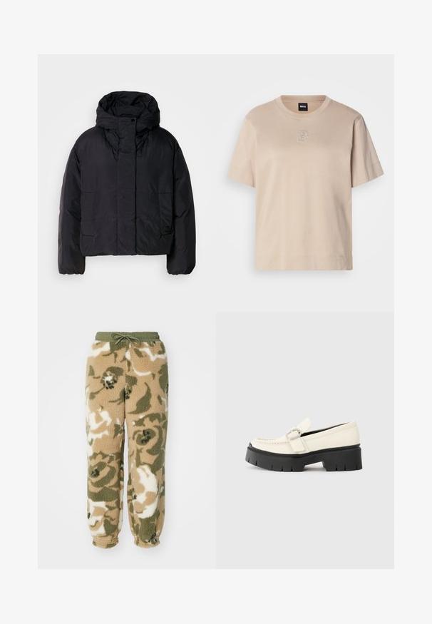 Juodas pūkinis švarkas su aukštu apykakle ir kapišonu, turintis dvi priekines kišenes ir elastingus rankogalius. Lygus, lengvas audinys su matinio paviršiaus apdaila.; Šviesiai smėlio spalvos trumpomis rankovėmis medvilnė marškinėliai su apvaliu kaklu ir mažuoju siuvinėjimu viršutinėje dalyje, kuriame pavaizduota persidengiančio "B" logotipo.; Fleece kelnės su raišteliu juosmens srityje. Ypatybės: camouflavimo raštas smėlio, žalios ir baltos spalvų. Minkšta, tekstūruota medžiaga.; Baltas odinis loaferis su storu juodu platforminiu padu, turintis stačiakampį sidabrinį sagtį ir matomu siuvimo ornamentu ant viršaus.