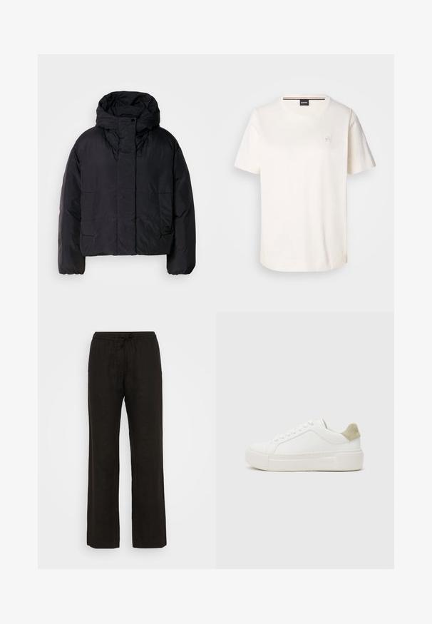 Giacca a vento nera con colletto alto e cappuccio, dotata di due tasche frontali e polsini elasticizzati. Materiale liscio e leggero con finitura opaca.; T-shirt bianco in cotone con maniche corte, scollatura rotonda e un piccolo logo sul petto. Tessuto liscio e orlo dritto.; Pantaloni in lino neri con vestibilità rilassata, dotati di cintura elastica e lacci regolabili. Texture liscia e design con gamba ampia.; Sneaker bianco con tomaia in pelle liscia, accentuazione in suede grigio chiaro sul tallone e suola in gomma bianca spessa. Presenta un design con lacci.