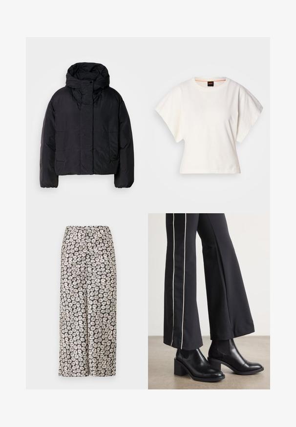 Black puffer jacket with a high collar and hood, featuring two front pockets and elastic cuffs. Smooth, lightweight material with a matte finish.; White cropped T-shirt, short wide sleeves, soft cotton material, round neckline with subtle orange trim, minimal design, no patterns or graphics.; Floral wide-leg trousers featuring a black background with white daisies and red accents, made from lightweight fabric with a smooth texture.; Black leather ankle boots with a block heel, featuring elastic side panels. Paired with black pants that have a white side stripe.