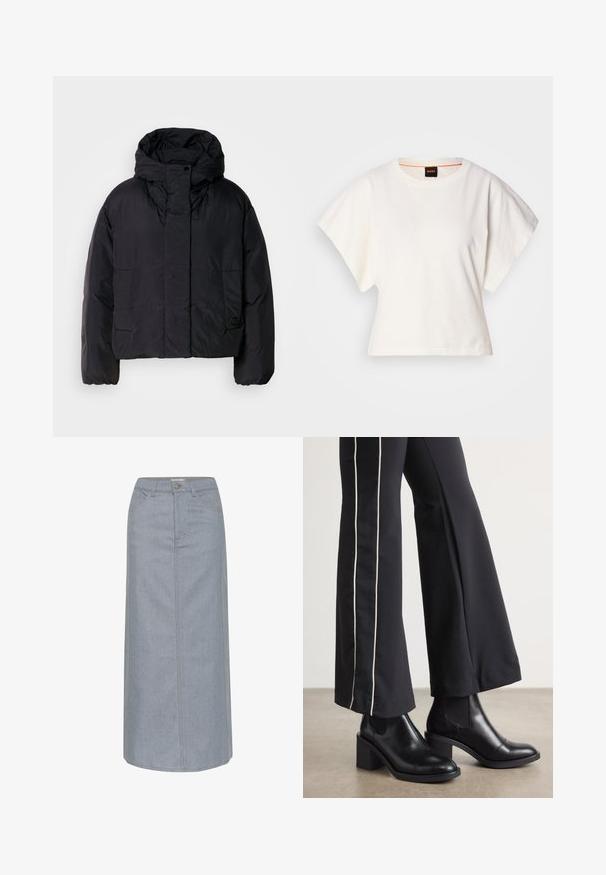 Črna pufasta jakna z visokim ovratnikom in kapuco, ki ima dva sprednja žepa in elastične manšete. Gladek, lahek material z mat površino.; Bela skrajšana majica s kratkimi širokimi rokavi, mehka bombažna tkanina, okrogla ovratnica z diskretnim oranžnim robom, minimalističen dizajn, brez vzorcev ali grafike.; Denim krilo v svetlo modri barvi, do kolen, z ravnim krojem, petimi žepi, gumbom za zapiranje in kontrastnimi šivi.; Črne usnjene gležnjarje s blok peto, z elastičnimi stranskimi paneli. Kombinirane s črnimi hlačami, ki imajo bele stranske črte.