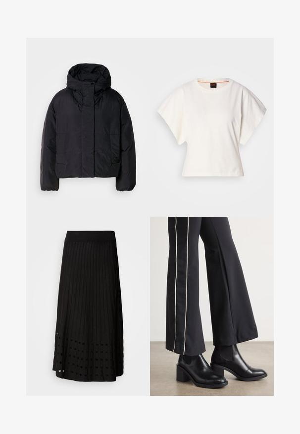 Casaco puffer preto com colarinho alto e capuz, apresentando dois bolsos frontais e punhos elásticos. Material suave e leve com um acabamento mate.; T-shirt branco cropped, mangas curtas e largas, material de algodão suave, decote redondo com um discreto acabamento laranja, design minimalista, sem padrões ou gráficos.; Saia preta plissada com uma cintura canelada, apresentando um padrão de recortes redondos perto da bainha, feita de um tecido suave.; Botas de tornozelo em couro preto com um salto bloco, apresentando painéis laterais elásticos. Combinadas com calças pretas que têm uma faixa lateral branca.