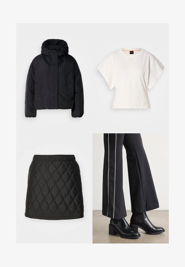 Black puffer jacket with a high collar and hood, featuring two front pockets and elastic cuffs. Smooth, lightweight material with a matte finish.; White cropped T-shirt, short wide sleeves, soft cotton material, round neckline with subtle orange trim, minimal design, no patterns or graphics.; Black quilted skirt featuring a wave pattern, an elastic waistband, and a smooth, shiny texture. Mid-thigh length with no visible hardware.; Black leather ankle boots with a block heel, featuring elastic side panels. Paired with black pants that have a white side stripe.