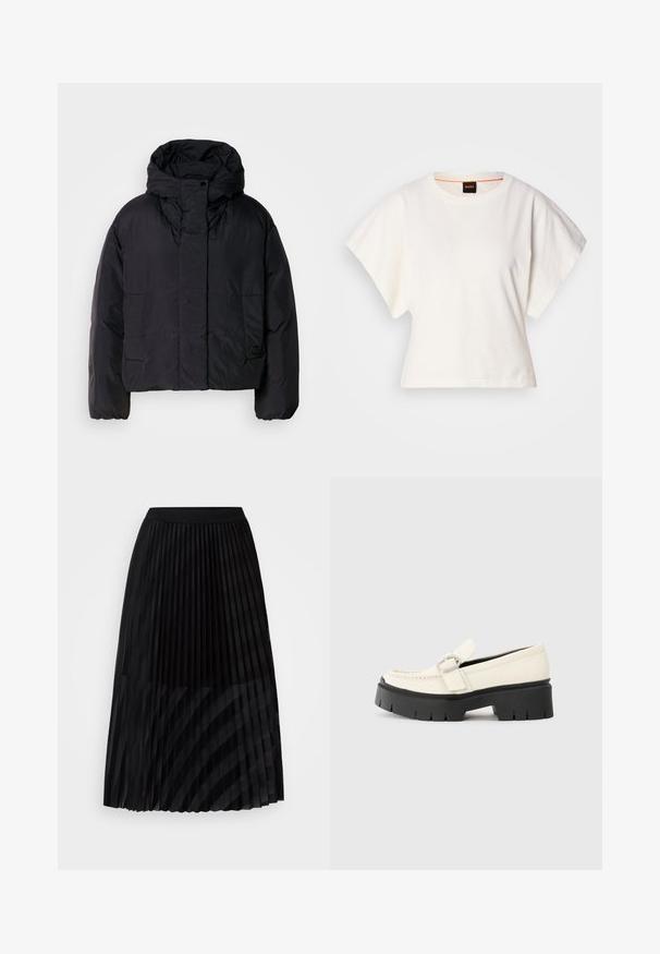 Black puffer jacket with a high collar and hood, featuring two front pockets and elastic cuffs. Smooth, lightweight material with a matte finish.; White cropped T-shirt, short wide sleeves, soft cotton material, round neckline with subtle orange trim, minimal design, no patterns or graphics.; Black pleated skirt made of lightweight fabric, features an elastic waistband, with vertical stripes created by alternating textures.; White leather loafer with a chunky black platform sole, featuring a rectangular silver buckle and visible stitching detail on the upper.