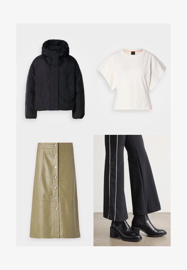 Crna puf jakna s visokim ovratnikom i kapuljačom, koja ima dva prednja džepa i elastične manžete. Glatki, lagani materijal s mat finishem.; Bijeli skraćeni T-shirt, široke kratke rukave, mekani pamučni materijal, okrugli izrez s suptilnim narančastim detaljem, minimalistički dizajn, bez uzoraka ili grafika.; Maslinasto zelena kožna midi suknja s ravnom siluetom, koja sadrži red srebrnih dugmadi na prednjoj strani i minimalne šavove.; Crne kožne gležnjače s blok petom, s elastičnim bočnim panelima. Uparene s crnim hlačama koje imaju bijelu bočnu prugu.