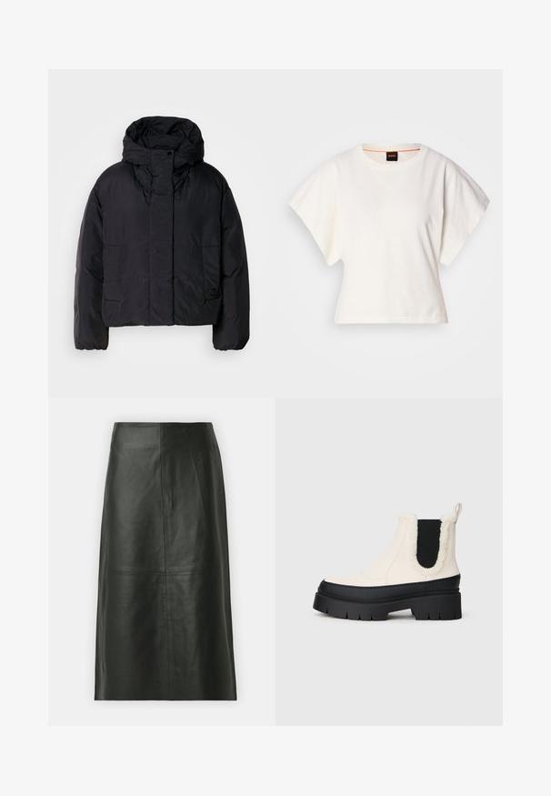 Black puffer jacket with a high collar and hood, featuring two front pockets and elastic cuffs. Smooth, lightweight material with a matte finish.; White cropped T-shirt, short wide sleeves, soft cotton material, round neckline with subtle orange trim, minimal design, no patterns or graphics.; Black leather midi skirt with a straight cut. Smooth texture, minimal seams, and a fitted waistband. No visible pockets or additional details.; Chunky platform ankle boots with a white upper, black rubber sole, and contrasting black elastic side panels. Faux fur trim at the top edge.