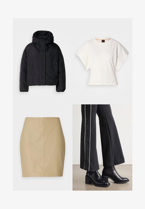 Mustat puhallinjakku korkealla kauluksella ja hupulla, jossa on kaksi etutaskua ja joustavat hihansuut. Liukas, kevyt materiaali, jossa on matta pinta.; Valkoinen lyhythihainen t-paita, leveät lyhyet hihat, pehmeää puuvillamateriaalia, pyöreä pääntie jossa hienovarainen oranssi reunus, minimaalinen muotoilu, ei kuvioita tai graafisia elementtejä.; Beige nahkahame, jossa on tiukka malli, sileä pinta ja keskellä takana kulkeva pystysauma.; Mustat nahkasaappaat nilkkapituisilla, lohkareella, joissa on joustavat sivupaneelit. Yhdistetty mustiin housuihin, joissa on valkoinen sivuraita.