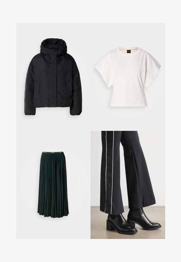 Mustavillane puhvis jope, millel on kõrge krae ja kapuuts, kahel esifliisil ja elastsete mansettidega. Sile, kerge materjal mattpinnaga.; Valge lühikeste laiadte varrukatega lühike T-särk, pehme puuvillane materjal, ümar kaelus kergelt oranži ääristusega, minimaalne disain, ilma mustrite ja graafikateta.; Pikk, volsitud seelik tumerohelises värvitoonis, millel on lai vöökoht, mis kannab brändinime "LACOSTE" kontrastse rohelise kirjatüübi abil.; Mustad nahast pahklu_bootid, millel on ploki konts ja elastsed külgpaneelid. Kombineeritud mustade pükstega, millel on valge küljeriba.