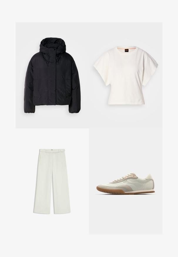 Black puffer jacket with a high collar and hood, featuring two front pockets and elastic cuffs. Smooth, lightweight material with a matte finish.; White cropped T-shirt, short wide sleeves, soft cotton material, round neckline with subtle orange trim, minimal design, no patterns or graphics.; Wide-leg pants in light cream fabric, featuring side pockets, a flat front, and a single button closure at the waist. Smooth texture.; White and beige sneaker featuring a smooth upper with suede accents, a textured sole, and tonal stitching. Lace-up closure with logo detail.