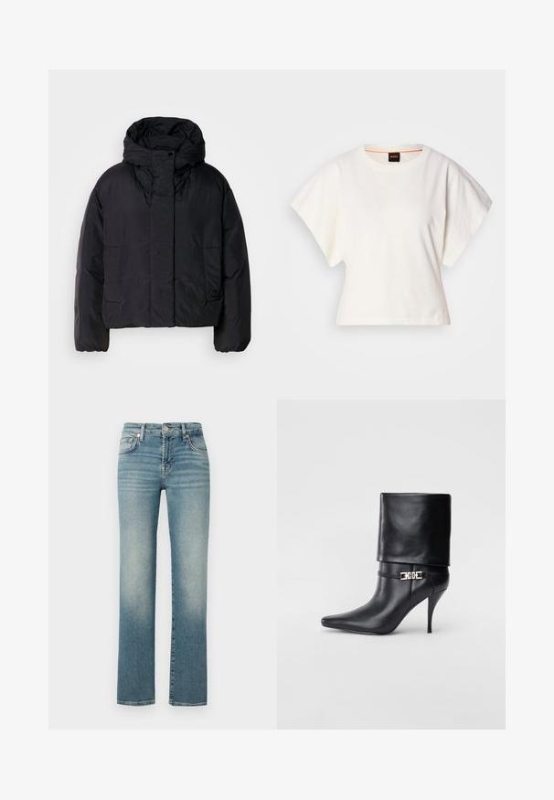 Černá péřová bunda s vysokým límečkem a kapucí, vybavená dvěma předními kapsami a elastickými manžetami. Hladký, lehký materiál s matným povrchem.; Bílý zkrácený T-shirt, krátké široké rukávy, měkký bavlněný materiál, kulatý výstřih s jemným oranžovým lemováním, minimalistický design, bez vzorů nebo grafik.; Modré džínové kalhoty s rovnými nohavicemi, s vybledlými oblastmi, designem pěti kapes a kovovým knoflíkem na zavírání v pase.; Černé kožené kotníkové boty s špičatou špičkou, vysokým stiletto podpatkem, ohrnovací manžetou a zlatým ozdobným přezkovým detailem na kotníku.