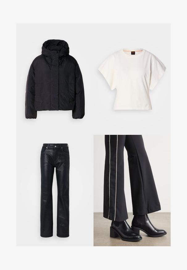 Mustavillane puhvis jope, millel on kõrge krae ja kapuuts, kahel esifliisil ja elastsete mansettidega. Sile, kerge materjal mattpinnaga.; Valge lühikeste laiadte varrukatega lühike T-särk, pehme puuvillane materjal, ümar kaelus kergelt oranži ääristusega, minimaalne disain, ilma mustrite ja graafikateta.; Mustad nahkpüksid otsejalga disainiga, millel on viis taskut, metallist nööp sulgemine ja sile, läikiv tekstuur.; Mustad nahast pahklu_bootid, millel on ploki konts ja elastsed külgpaneelid. Kombineeritud mustade pükstega, millel on valge küljeriba.