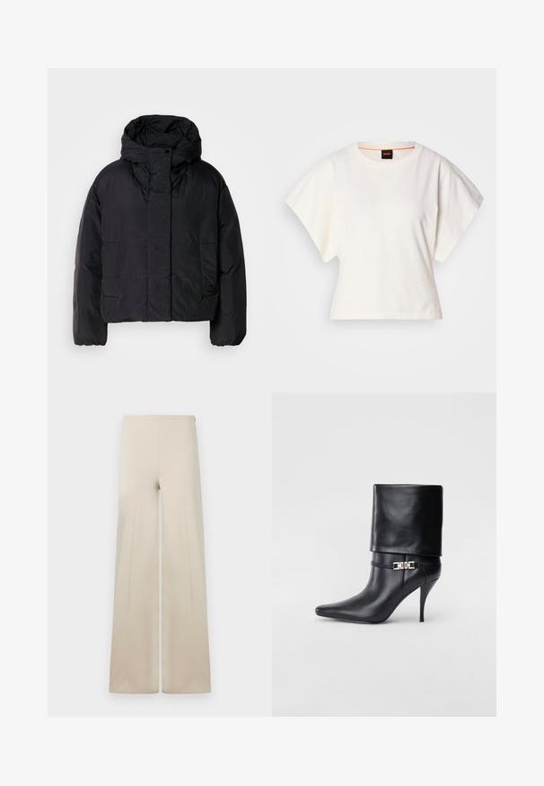 Mustat puhallinjakku korkealla kauluksella ja hupulla, jossa on kaksi etutaskua ja joustavat hihansuut. Liukas, kevyt materiaali, jossa on matta pinta.; Valkoinen lyhythihainen t-paita, leveät lyhyet hihat, pehmeää puuvillamateriaalia, pyöreä pääntie jossa hienovarainen oranssi reunus, minimaalinen muotoilu, ei kuvioita tai graafisia elementtejä.; Vaaleanbeiget leveät housut, jotka on valmistettu pehmeästä kankaasta, jossa on sileä pinta. Varustettu korkealla elastisella vyötärönauhakkeella mukavuutta varten ja puhtaalla, minimalistisella muotoilulla.; Musta nahkasaapas nilkkapituudella, teräväkärkinen, korkea stiletto-korko, käännettävä varsi ja kultainen koristeellinen solki nilkassa.