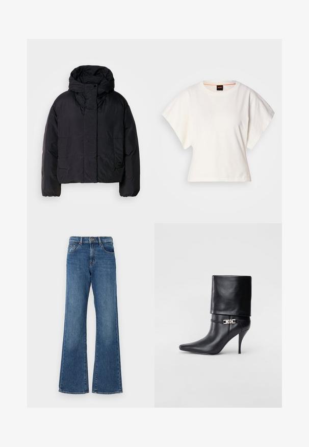 Fekete puffert zakó magas gallérral és kapucnival, két elülső zsebbel és rugalmas mandzsettákkal. Simább, könnyű anyag matt felülettel.; Fehér, rövid, bő ujjú, crop szabású póló, puha pamut anyagból, kerek nyakkivágással, finom narancssárga díszítéssel, minimalista dizájn, minta vagy grafika nélkül.; Kék farmer, bővülő szárú nadrág magas derékkal, öt zsebbel és gombos záródással. Az anyag enyhén elhalványított felületű.; Fekete bőr bokacsizma hegyes orral, magas stiletto sarokkal, hajtott szegéllyel és arany díszcsattal a bokán.