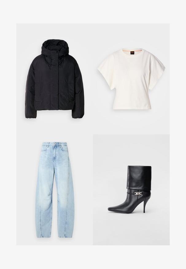 Juodas pūkinis švarkas su aukštu apykakle ir kapišonu, turintis dvi priekines kišenes ir elastingus rankogalius. Lygus, lengvas audinys su matinio paviršiaus apdaila.; Baltas trumpas marškinėliai, plačios trumpomis rankovėmis, minkšta medvilnė, apvali kaklo iškirptė su subtiliu oranžiniu apvadu, minimalus dizainas, be raštų ar grafikų.; Šviesiai mėlyni džinsiniai plačiakulkai džinsai su aukštu liemeniu, turintys mygtuko užsegimą, priekines kišenes ir subtilų nusidėvėjimą.; Juodos odinės kulkšninių botų su smailiu nosiu, aukštu stiletto kulnu, apvyniojamu kraštu ir auksine dekoratyvine sagtimi prie kulkšnies.