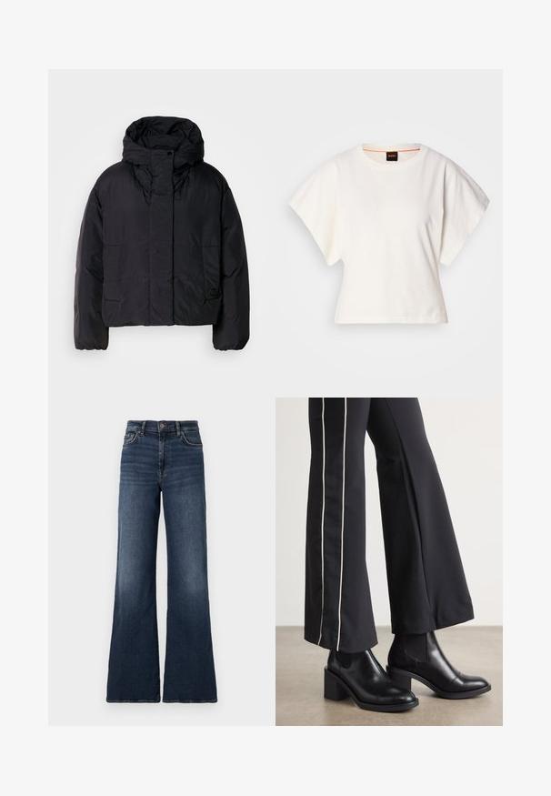 Zwarte pufferjack met een hoge kraag en capuchon, voorzien van twee voorzakken en elastische manchetten. Soepel, lichtgewicht materiaal met een matte afwerking.; Witte gecropte T-shirt, korte brede mouwen, zachte katoenmaterialen, ronde halslijn met subtiele oranje rand, minimalistisch ontwerp, geen patronen of graphics.; Wijde, donkerblauwe spijkerbroek met hoge taille. Beschikt over een klassiek vijf-pocket ontwerp en subtiele vervaging op de dijen. Metalen knoopsluiting.; Zwarte leren enkellaarzen met een blokhak, voorzien van elastische zijpanelen. Gecombineerd met zwarte broeken met een witte zijstreep.