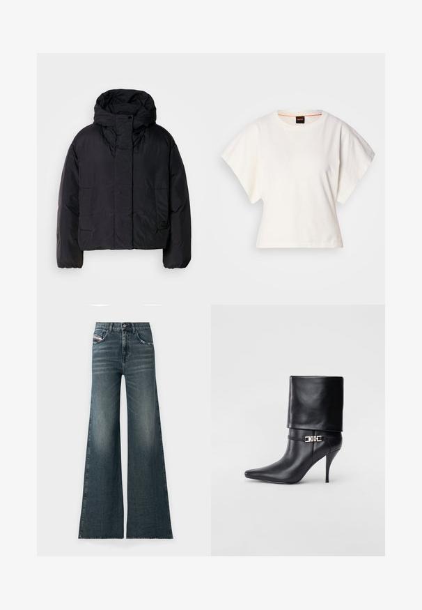 Černá péřová bunda s vysokým límečkem a kapucí, vybavená dvěma předními kapsami a elastickými manžetami. Hladký, lehký materiál s matným povrchem.; Bílý zkrácený T-shirt, krátké široké rukávy, měkký bavlněný materiál, kulatý výstřih s jemným oranžovým lemováním, minimalistický design, bez vzorů nebo grafik.; Široké džínsy v tmavě modrém denimu s mírně vybledlým vzhledem, vybavené předními kapsami a zapínáním na knoflík v pase.; Černé kožené kotníkové boty s špičatou špičkou, vysokým stiletto podpatkem, ohrnovací manžetou a zlatým ozdobným přezkovým detailem na kotníku.